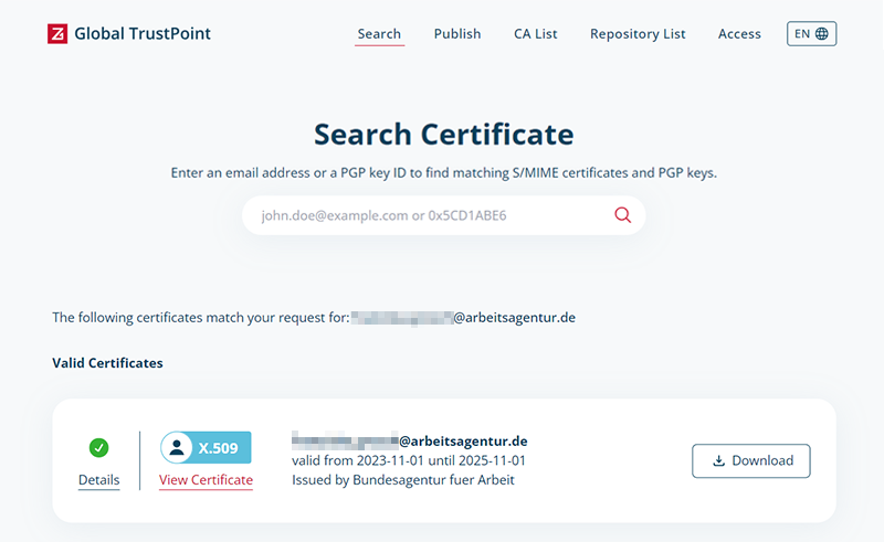 Automatically find and validate employment agencies' email certificates with Z1 Global TrustPoint