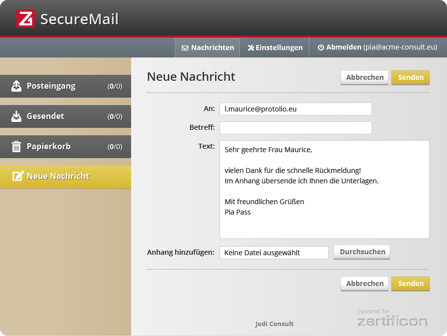 intuitiv nutzbarer sicherer Webmailer zum Austausch verschlüsselter Nachrichten (vormals Z1 Messenger)